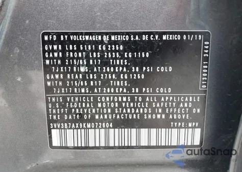 2019 Volkswagen Tiguan 2.0T Se/2.0T Sel/2.0T Sel R-Line/2.0T Sel R-Line Black z USA, uszkodzony, nr VIN 3VV3B7AX9KM072604